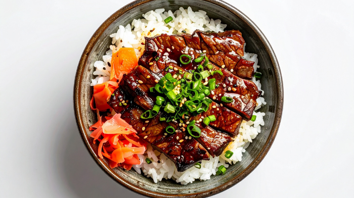 Teriyaki chicken rice bowl with broccoli for lunch