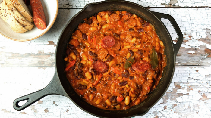 Chorizo and bean stew prepared for low-calorie meal prep