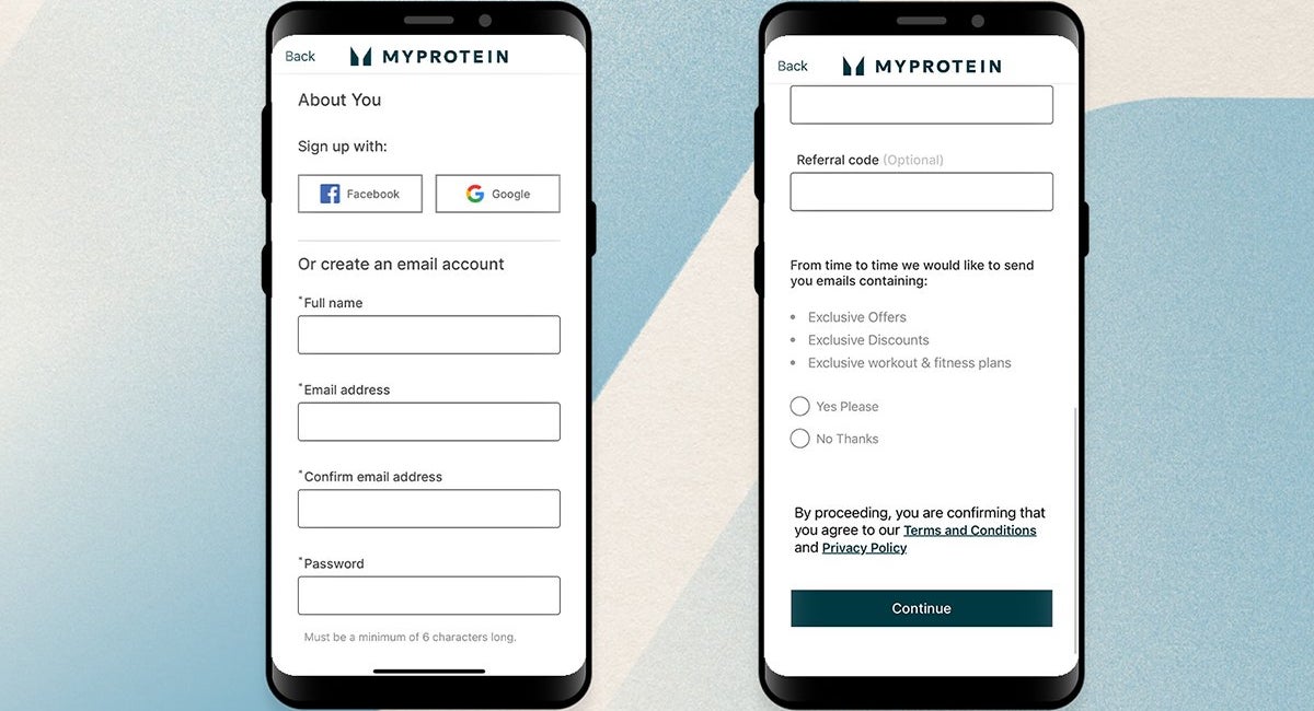 Myprotein app on two phones with steps to create account on display
