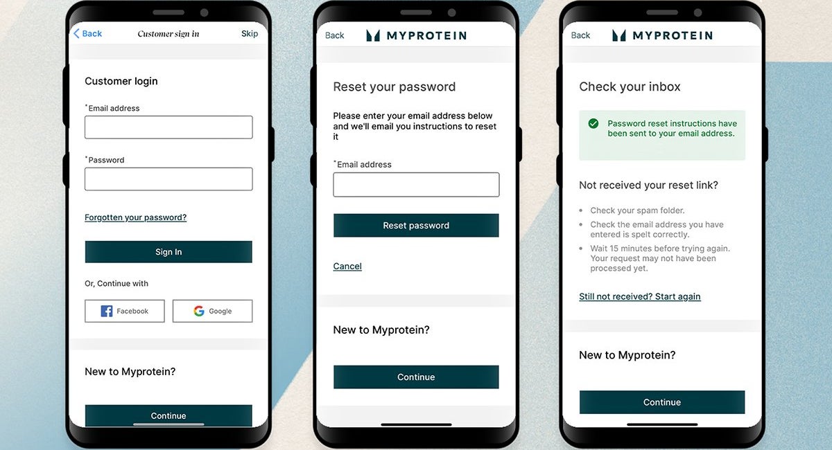 How to reset your password on the Myprotein app displayed on three phone screens