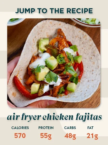 A recipe card sharing the macros with a 'jump to' function to take you to the recipe